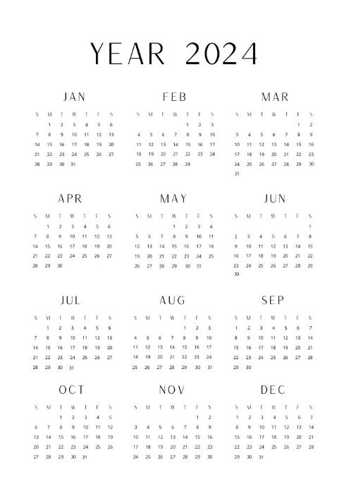 Vertical layout minimalist 2024 year calendar for printing