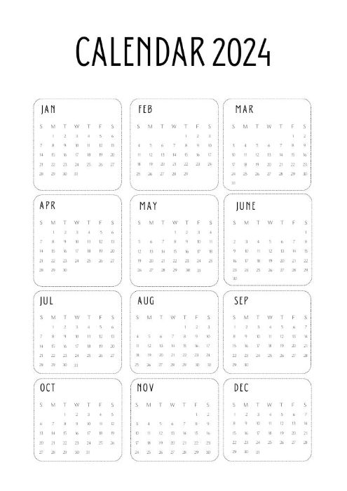 Vertical yearly calendar printable with months in boxes