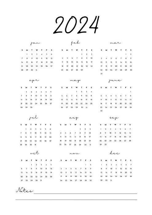 Small font 2024 printable calendar with lines for notes