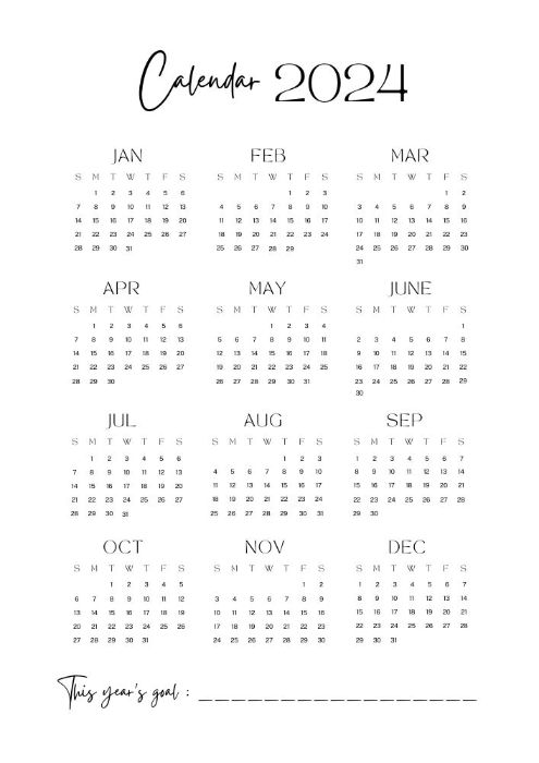 Vertical 2024 printable calendar with lines for goals