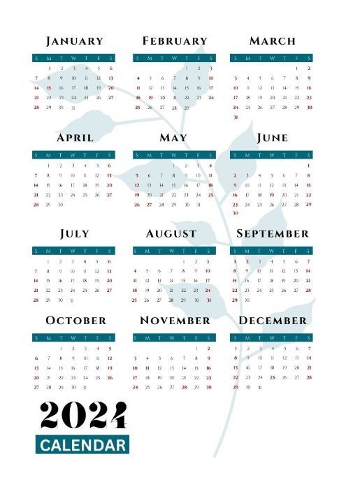Teal blue 2024 calendar to print with holidays