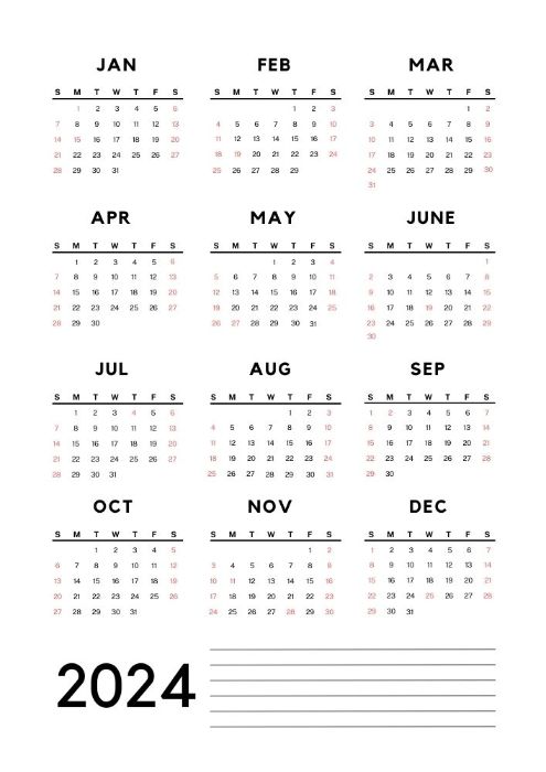 Printable 2024 calendar with lines for notes and holidays marked