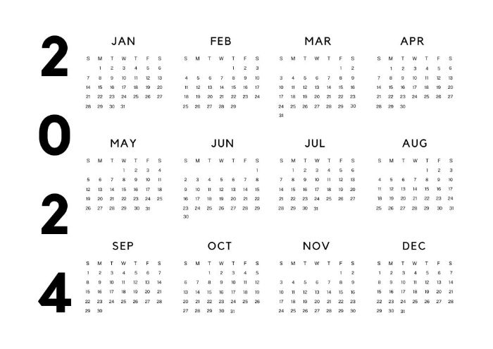Minimalist calendar for print with year 2024 on the side