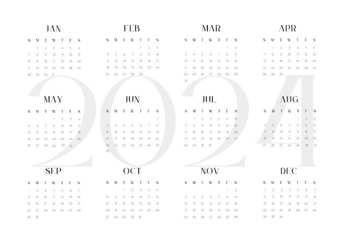 Horizontal minimalist yearly calendar with year 2024 in the background