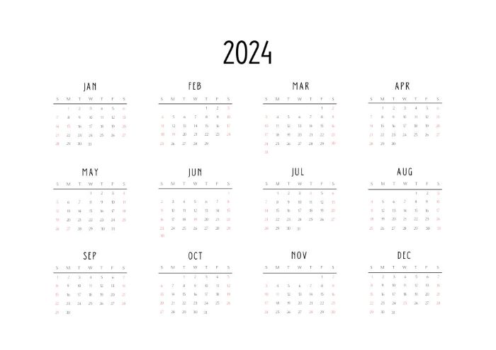Horizontal 2024 calendar with holidays
