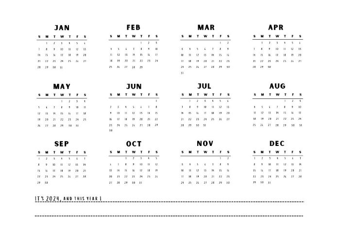 Minimal printable yearly calendar design 2024 with lines for notes