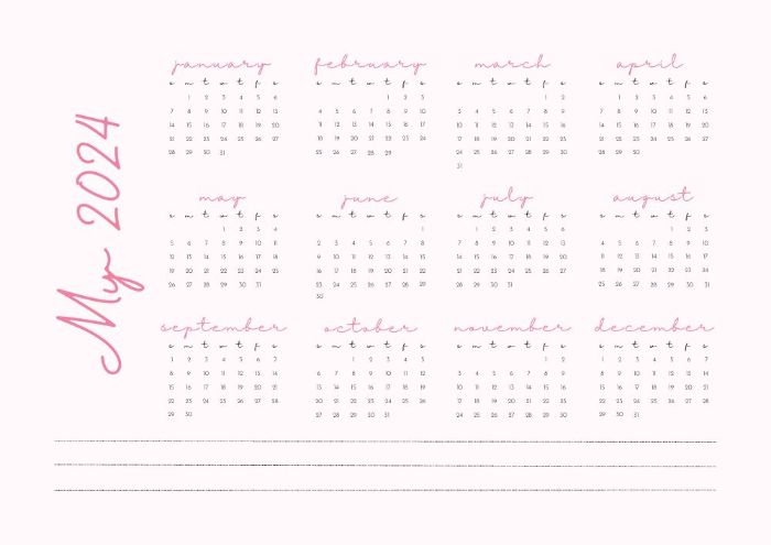 Pink 2024 printable calendar with lines for notes
