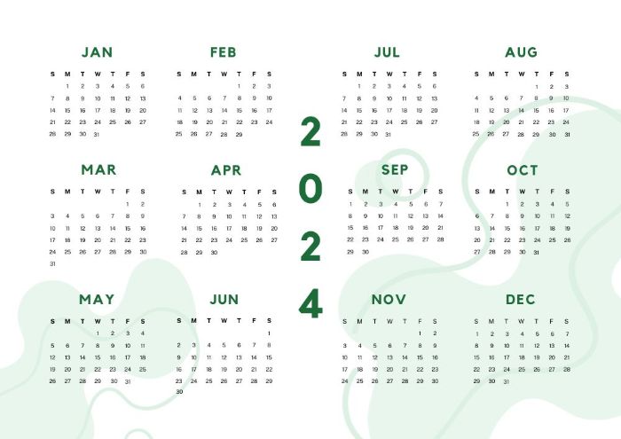 Creative green horizontal 2024 year calendar printable
