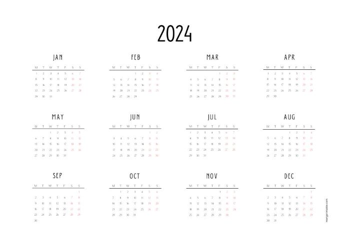 Monday-starting horizontal 2024 calendar with small font