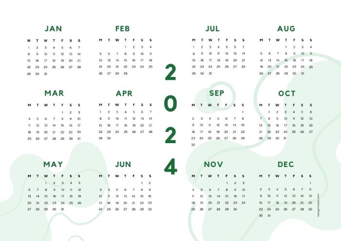 Green 2024 yearly calendar Monday-starting