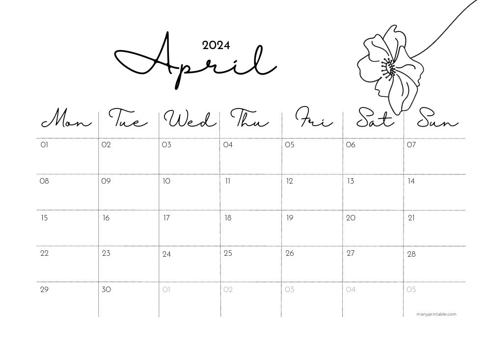 Monday-starting April 2024 calendar with minimalist flower design
