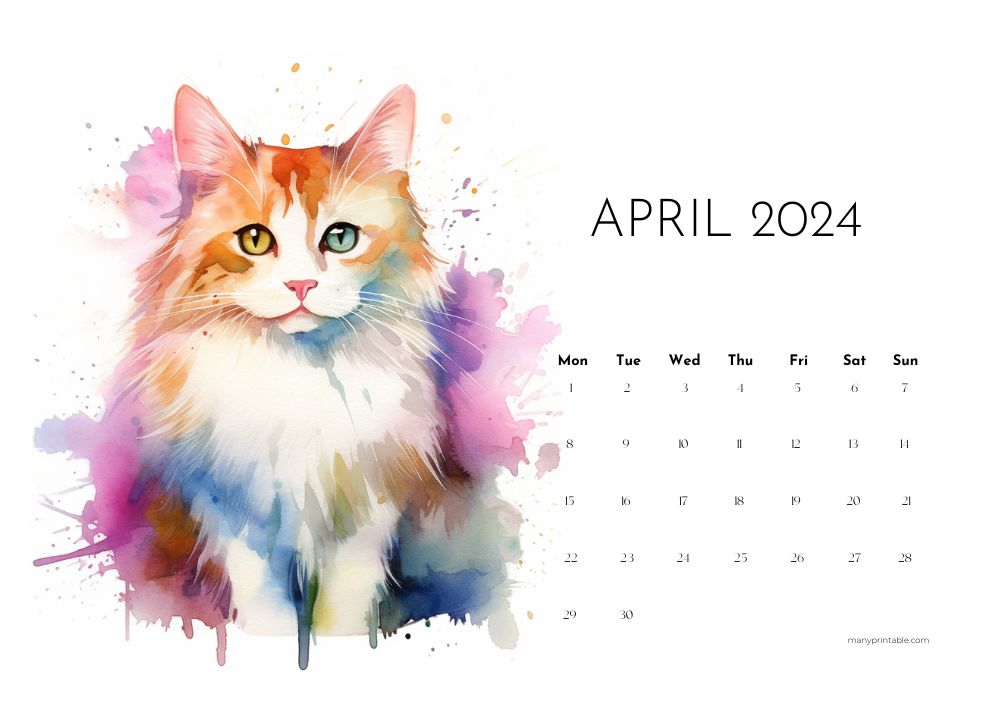2024 Monday-starting April calendar with watercolor cat drawing