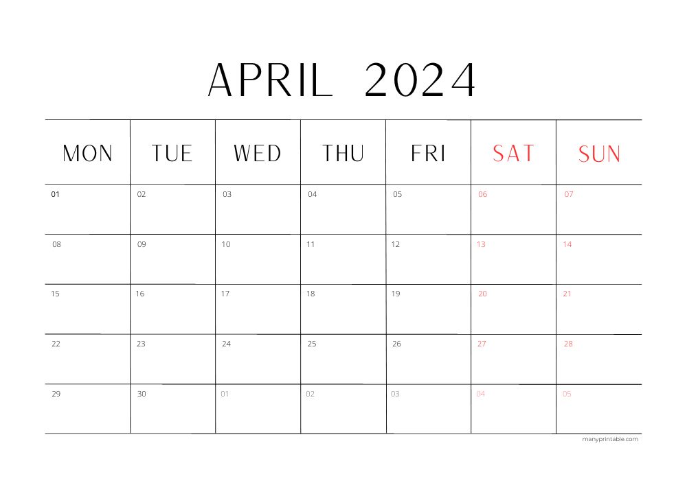 Monday-starting minimalist April calendar