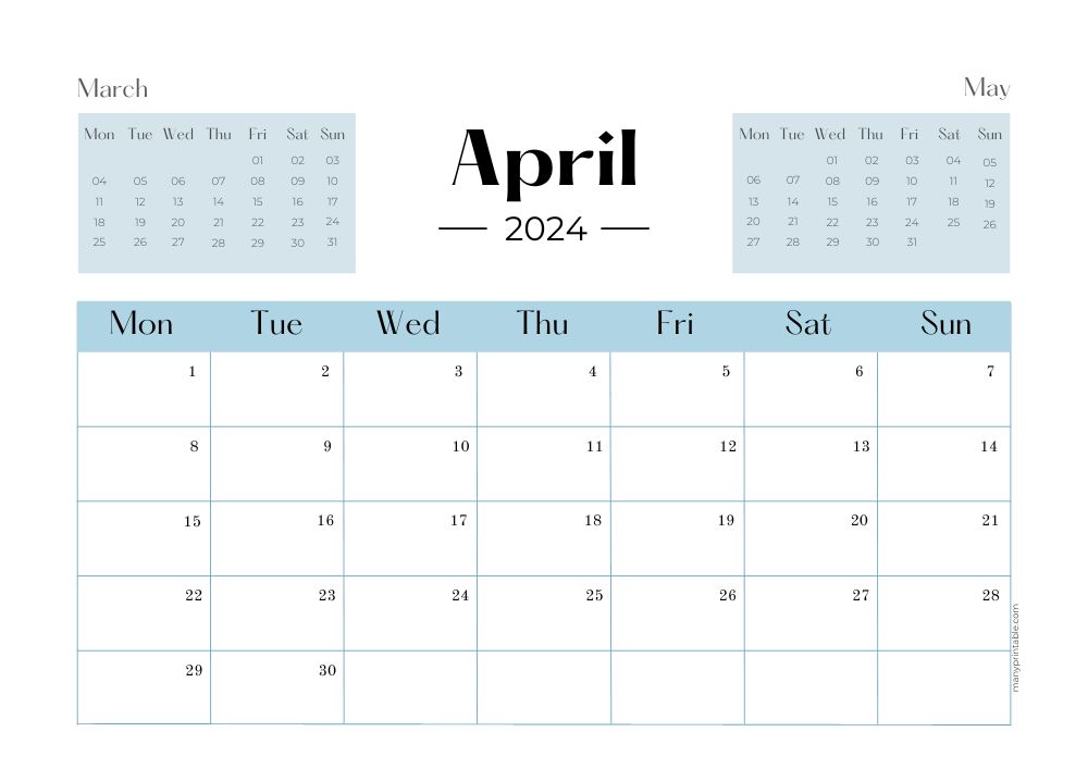 Monday-starting April calendar with March and May