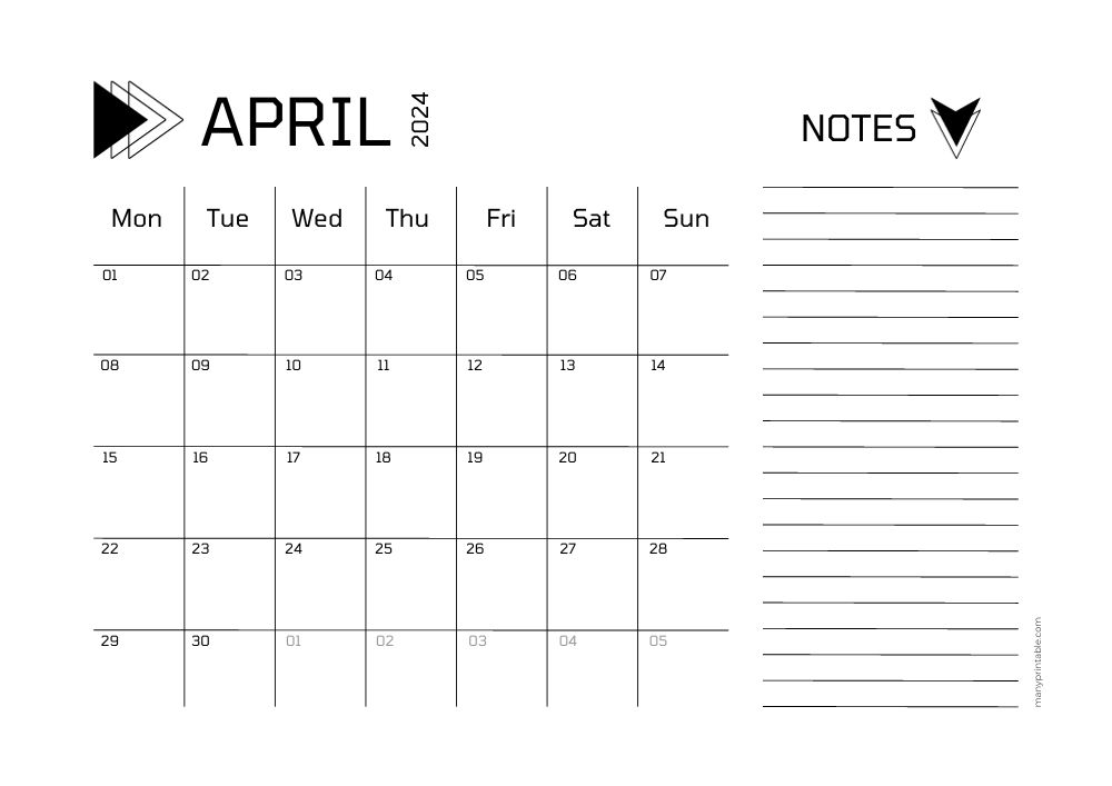 Monday-starting official April printable calenadar