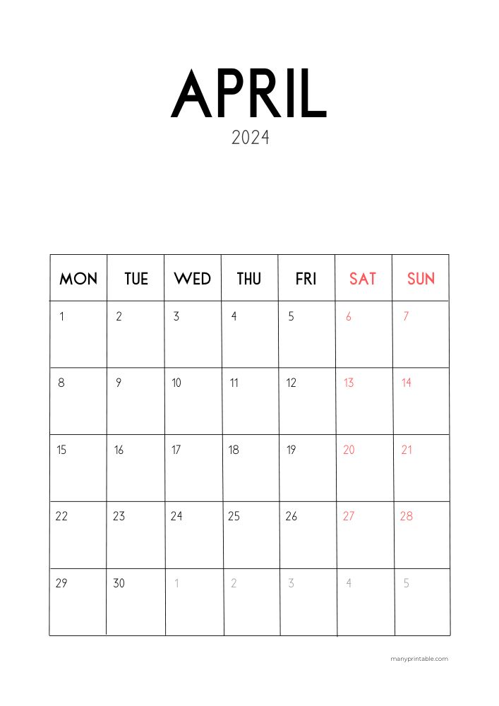Monday-starting minimalist vertical April 2024 calendar to print