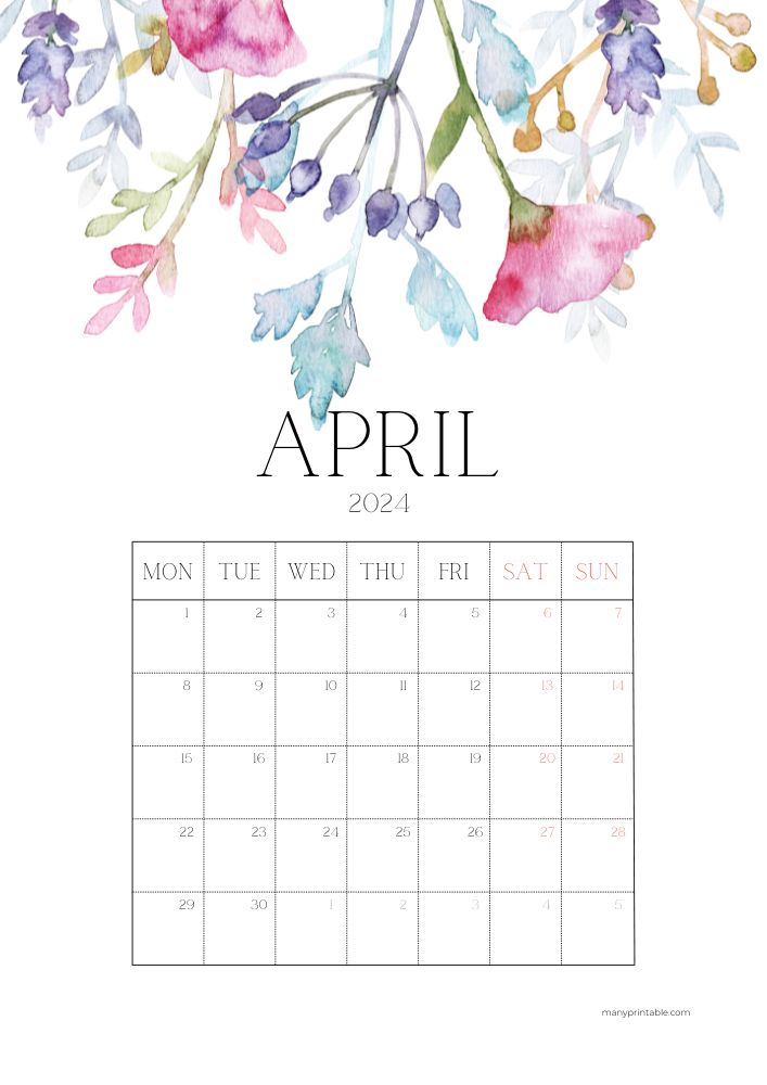 Monday-starting April 2024 calendar with colorful flower watercolor drawing