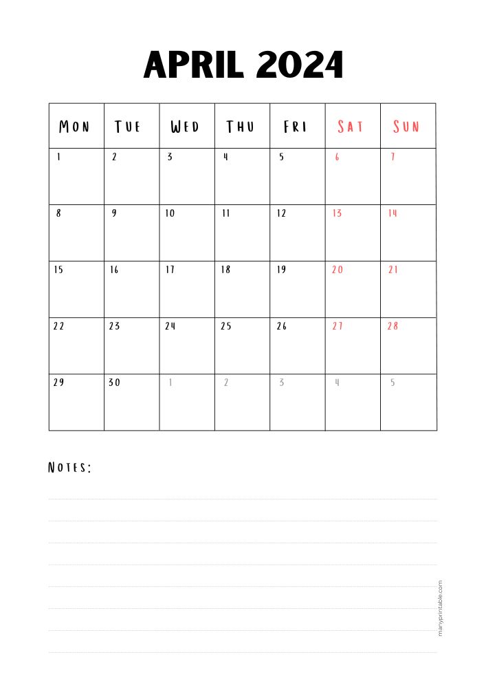 Monday-starting minimalist April calendar 2024 with notes