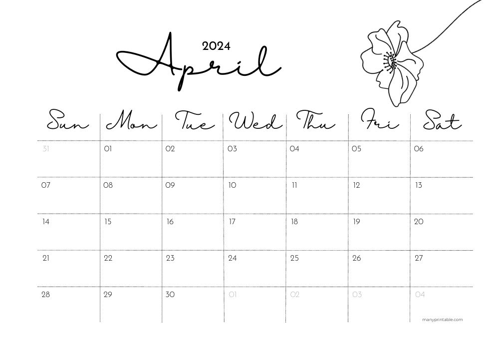 2024 April printable calendar with flower element