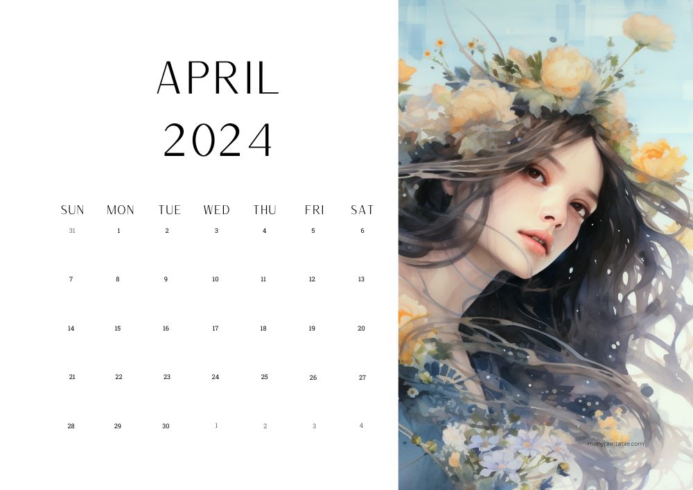 2024 April printable calendar with a watercolor portrait