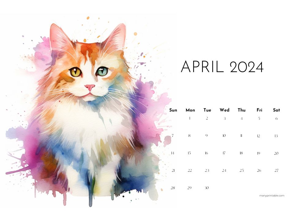 April calendar 2024 with watercolor cat drawing