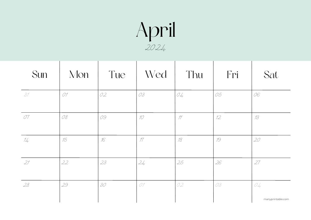 April 2024 printable calendar with big green header