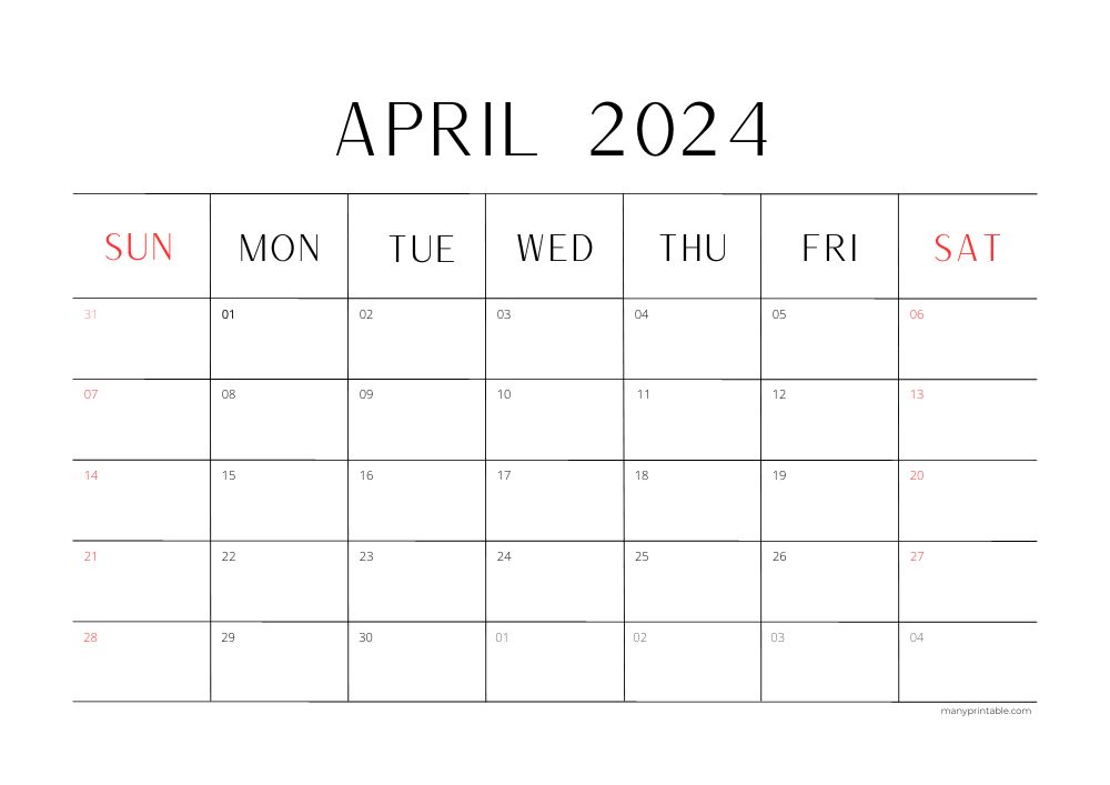 April 2024 calendar with minimalist design