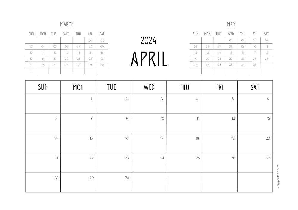 2024 April calendar with March and May