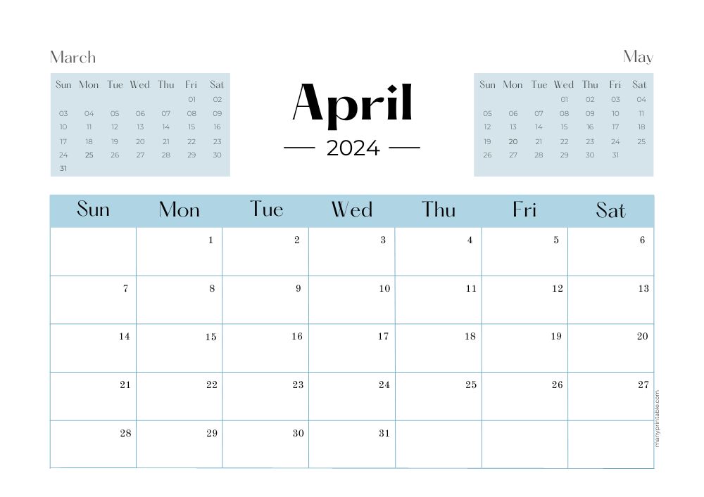 April 2024 printable calendar with March and May 
