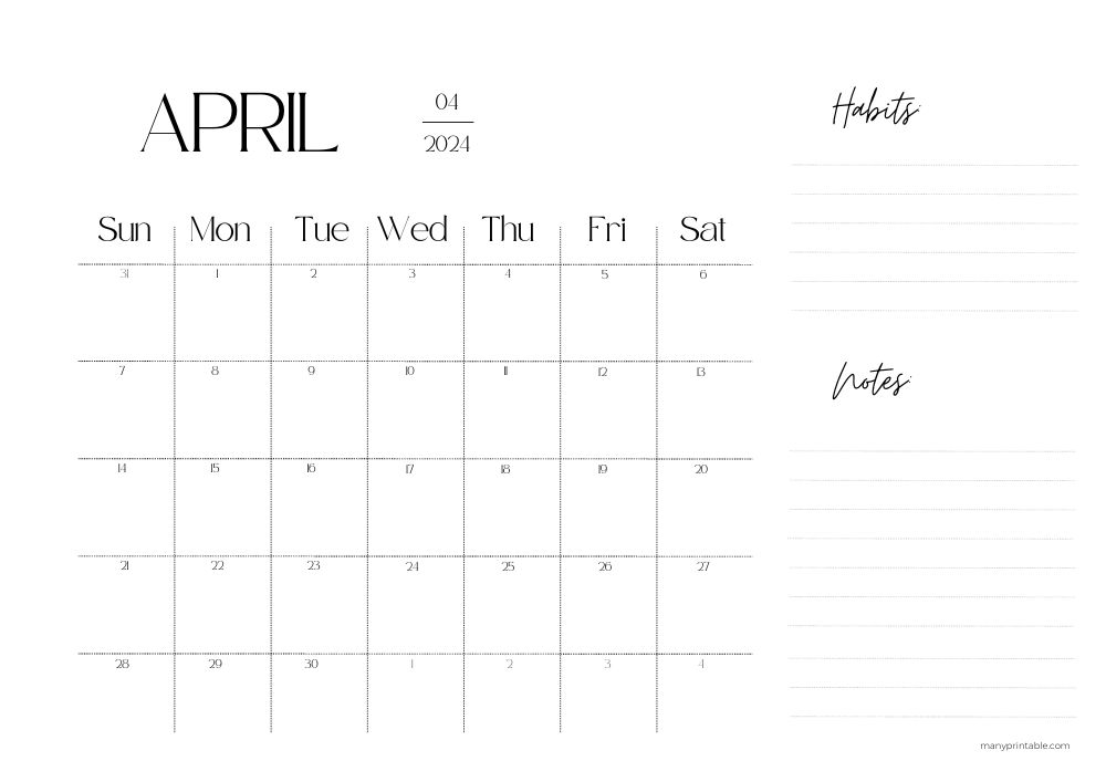 April 2024 calendar with space for habits and notes