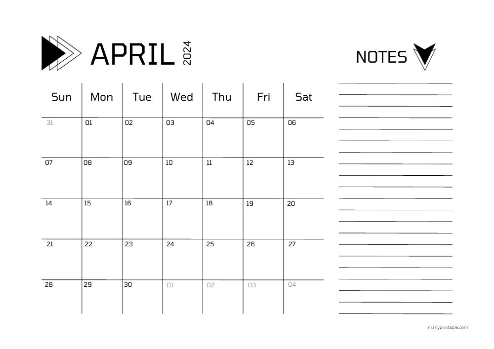 Official design April 2024 calendar with lines for notes
