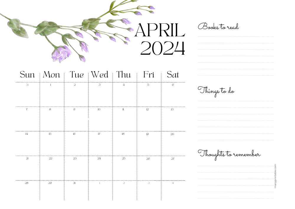 April 2024 calendar with flower element and space for ntoes