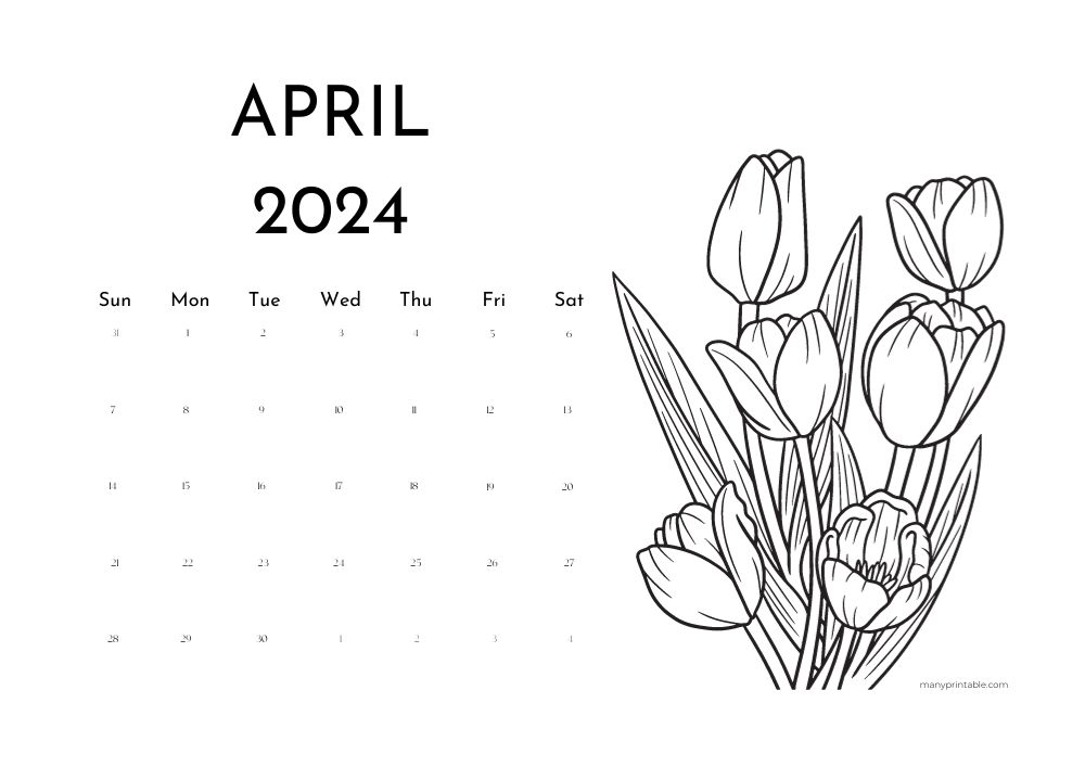 Creative 2024 April calendar with flower drawing for coloring