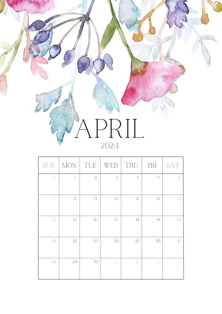 Watercolor design April 2024 calendar to print in color