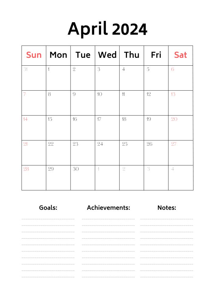 April 2024 calendar with space for goals, achievements and notes