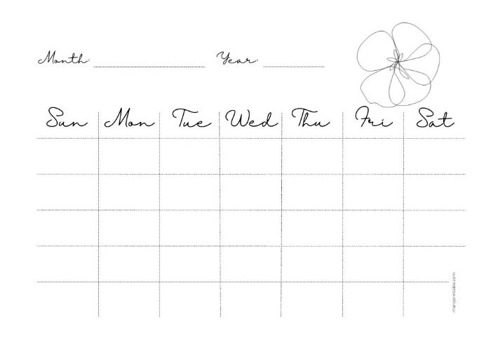 Horizontal blank monthly calendar with flower elements