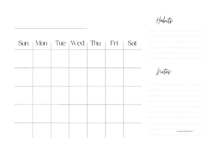 Minimalist blank calendar template with lines for habit tracking