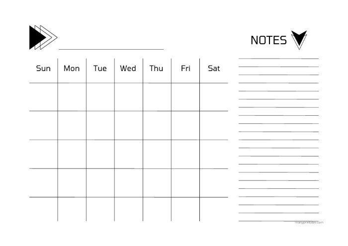Statement design blank printable calendar with space for notes