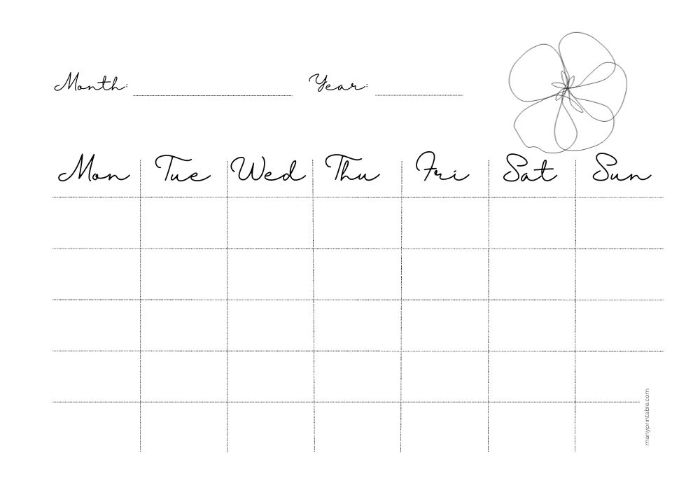 Monday-starting blank calendar with a flower