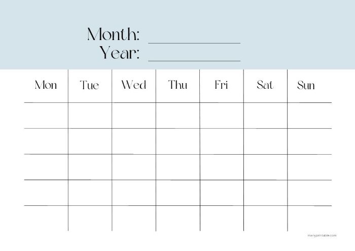 Blue header blank calendar with a Monday start