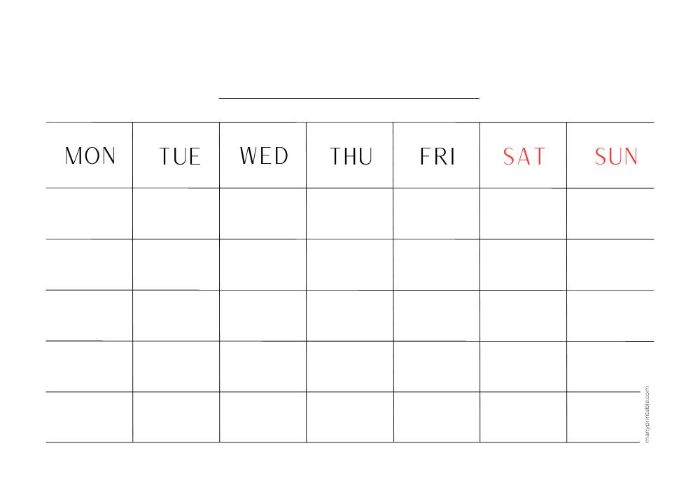 Simple Monday-starting blank calendar to print