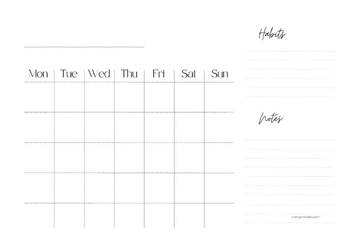 Monday-starting blank calendar with spacious design and lines for notes