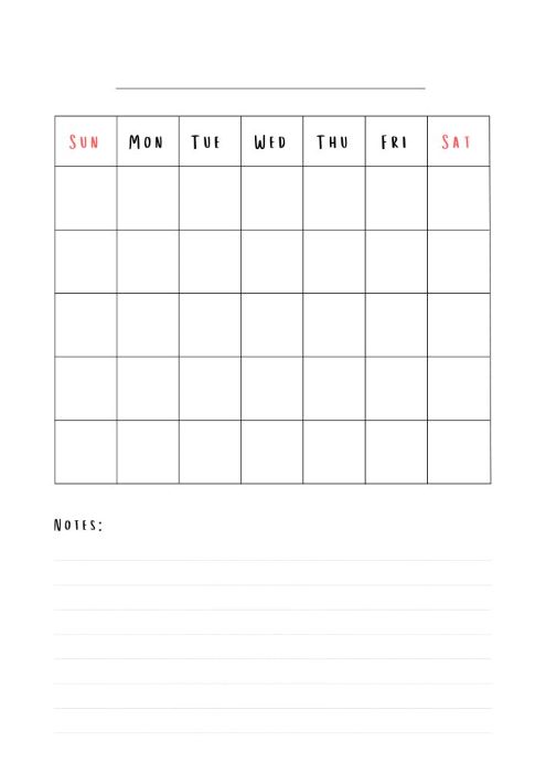 Blank calendar printable with lines for notes