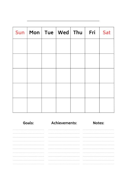 Downloadable blank calendar with space for goals and notes