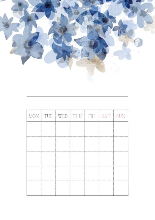 Flowery blank printable calendar with a Monday start