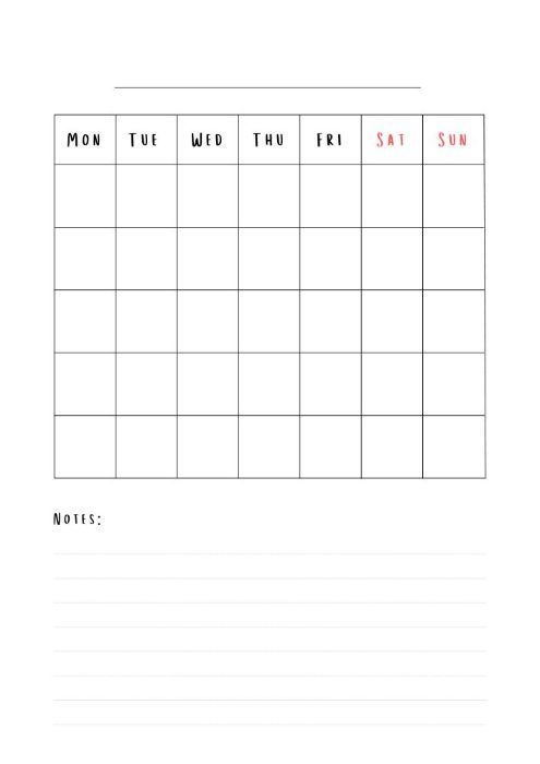 Monday-starting blank calendar printable with notes