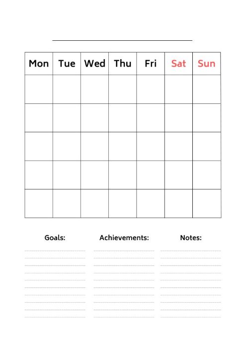 Monday-starting blank calendar printable with space for notes and goals