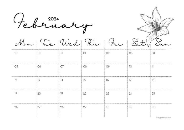 Monday-starting February calendar with flower design