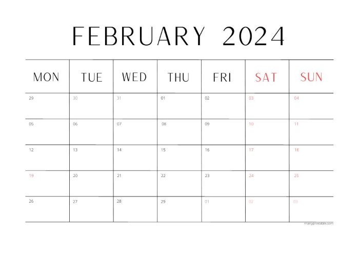 Printbale Monday-starting February 2024 calendar i