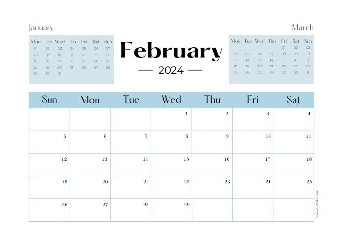 Monday-starting February 2024 calendar with January and March